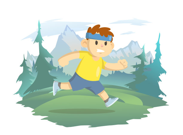 那个男孩在山景的背景下奔跑。健康的生活方式，儿童运动，户外活动。矢量插图，孤立在白色。图片下载