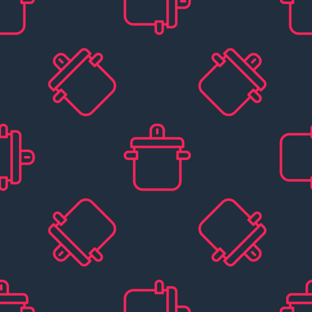 红线烹饪锅图标隔离无缝图案在黑色背景。煮沸或炖煮食物的象征。向量图片下载