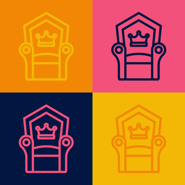 波普艺术线中世纪王座图标孤立的颜色背景。向量图片下载