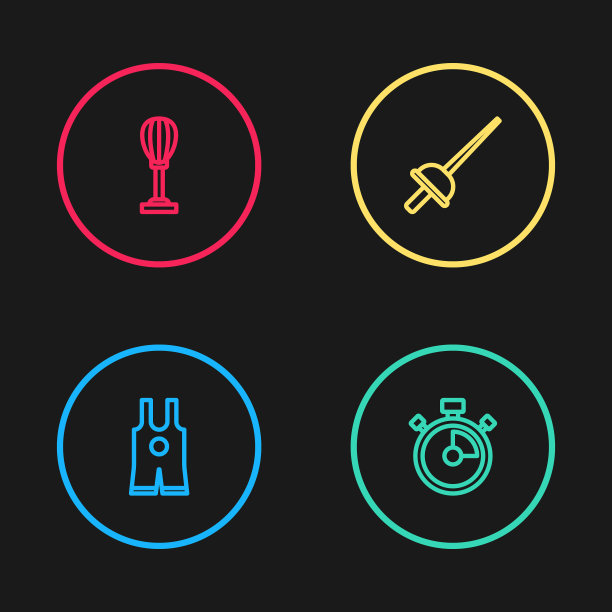 设置线摔跤singlet，秒表，击剑和沙袋图标。向量图片下载