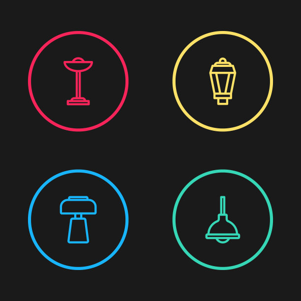 设置线条台灯、吊灯、花园灯及地板图标。向量图片下载