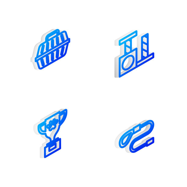 设置等距线猫抓杆，宠物手提箱，奖励和可伸缩绳皮带图标。向量图片下载