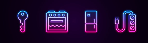 设置房屋钥匙，烤箱，冰箱和电器分机。发光的霓虹灯图标。向量图片下载