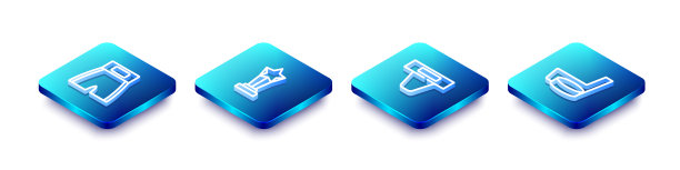 设置等距线拳击短，奖杯，腹股沟守卫和冰球棍和冰球图标。向量图片下载