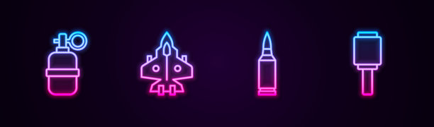 手雷，喷气式战斗机，子弹和反坦克手。发光的霓虹灯图标。向量图片下载