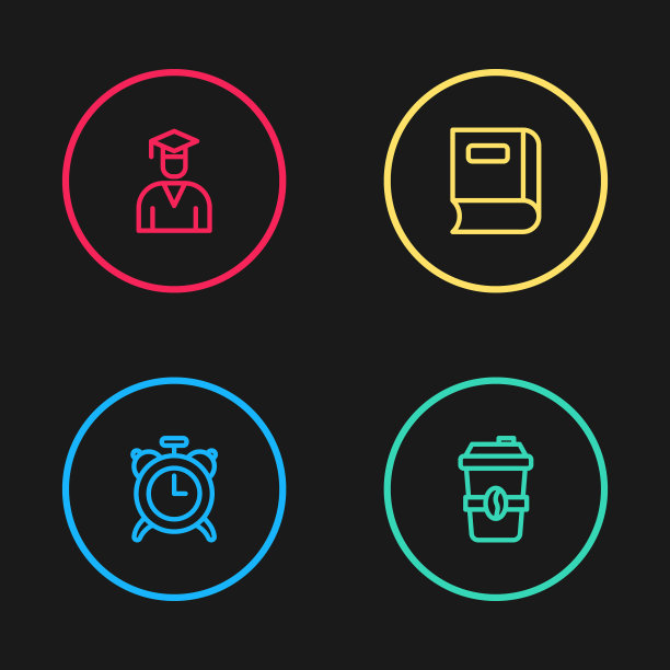 设置线闹钟，咖啡杯走，书和毕业和毕业帽图标。向量图片下载