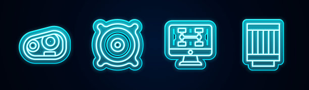 设置汽车前照灯、音箱、汽车诊断条件、空气滤清器。发光的霓虹灯图标。向量图片下载