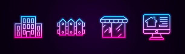 集线房、花园篱笆木、市场商店、网上房地产房。发光的霓虹灯图标。向量图片下载