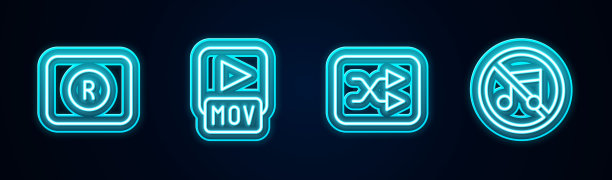 设置线路录制按钮，MOV文件，箭头shuffle和扬声器静音。发光的霓虹灯图标。向量图片下载