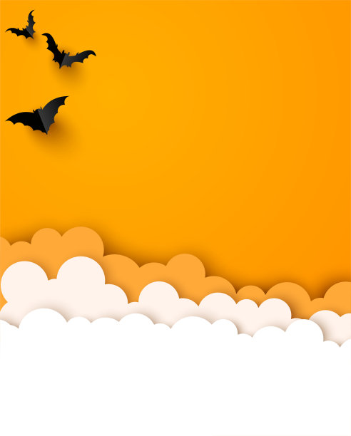 抽象的橙色背景与云和黑色蝙蝠。图片下载