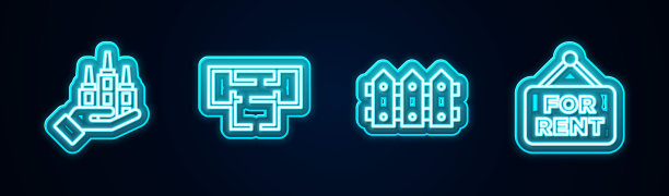 设置线条摩天楼，房屋平面图，花园围栏和挂牌出租。发光的霓虹灯图标。向量图片下载