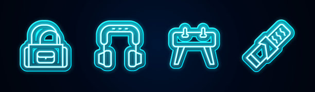 系列运动包，耳机，鞍马和蛋白质运动吧。发光的霓虹灯图标。向量图片下载