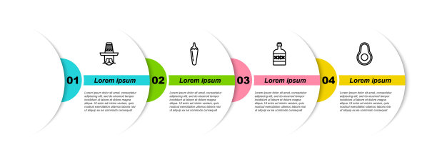 设置线墨西哥人草帽，辣椒荚，龙舌兰瓶和鳄梨水果。业务信息模板。向量图片下载