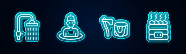 设置淋浴线，桑拿，木斧桩和热石头。发光的霓虹灯图标。向量图片下载