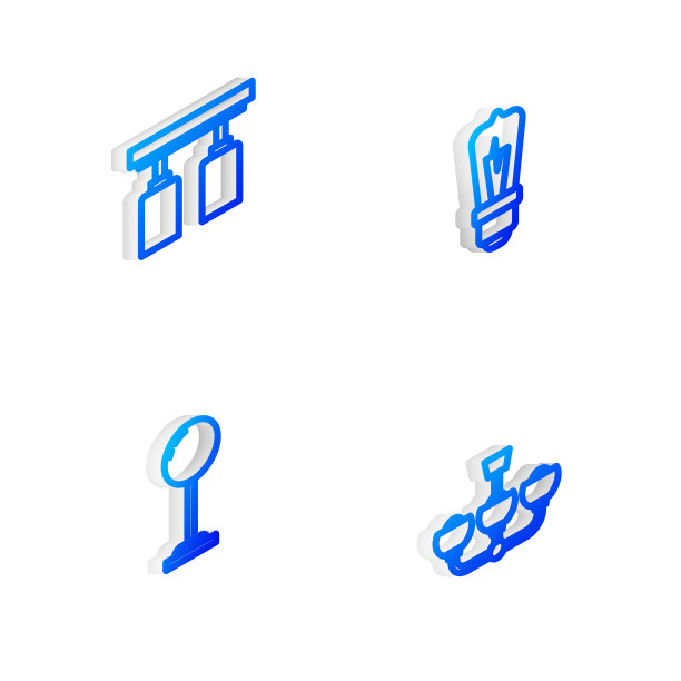 设置等距线灯泡，Led轨道灯和灯具，地板和吊灯图标。向量图片下载