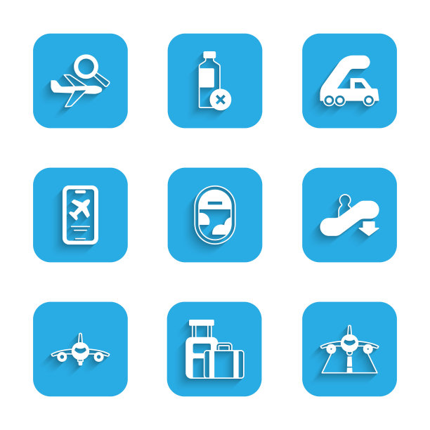 设置飞机窗口，行李箱，飞机，自动扶梯，手机和机票，乘客登机梯和搜索图标。向量图片下载