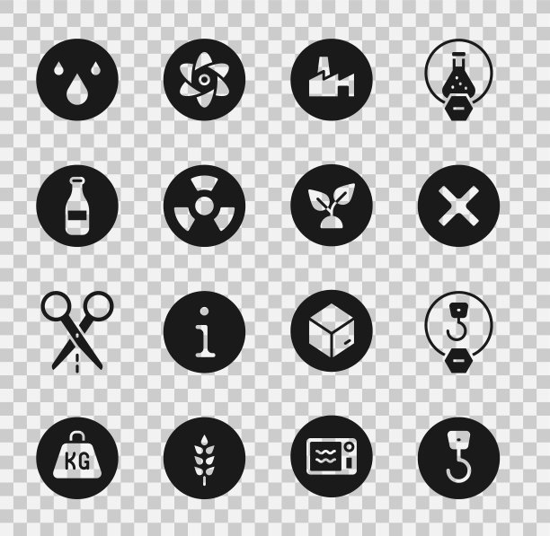 设置工业钩，X标记，十字在圆圈，工厂生产，放射性，瓶子，水滴和植物基础图标。向量图片下载