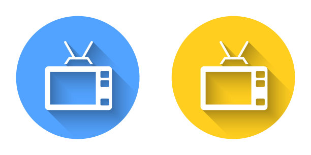 白色复古电视图标与长阴影背景隔离。电视信号。圆按钮。向量图片下载