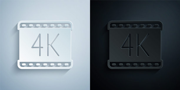 剪纸4k电影，磁带，框架图标孤立在灰色和黑色的背景。纸艺术风格。向量图片下载