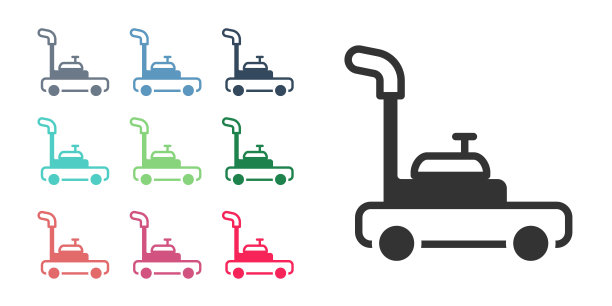 黑色割草机图标孤立在白色背景。割草机在割草。设置图标丰富多彩。向量图片下载