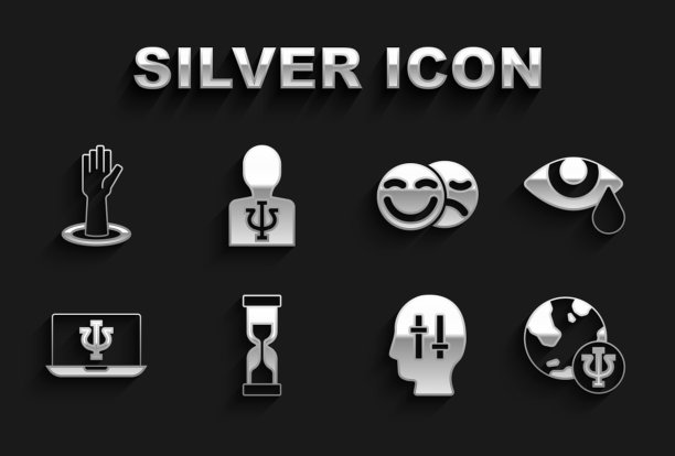 老式沙漏、哭泣的眼睛、心理学、Psi、问题解决方案、在线心理学家、喜剧和悲剧面具、援助之手和图标矢量图图片下载