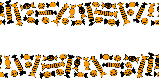 背景，糖果的框架在不同的包装在万圣节风格。水平顶部和底部边缘，糖果的边界。不给糖就捣蛋。伪装背景，邀请，派对海报图片下载