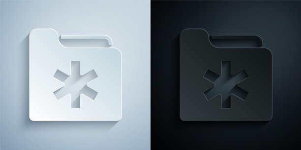 剪纸医疗健康记录文件夹，用于隔离在灰色和黑色背景上的医疗图标。病人文件图标。病史的象征。纸艺术风格。向量图片下载