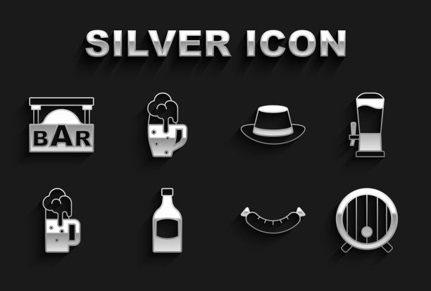 设置啤酒瓶，水龙头，木桶，香肠，啤酒杯，啤酒节帽子，街道招牌酒吧和玻璃的图标。向量图片下载