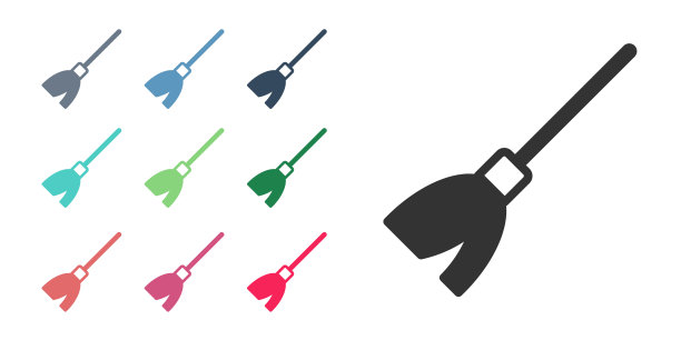 黑色柄扫帚图标孤立在白色背景。清洁服务理念。设置图标丰富多彩。向量图片下载