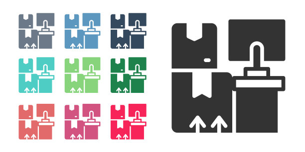 黑色仓库内部与货架上的盒子图标隔离在白色背景。物流、货运、包裹寄存邮政服务。设置图标丰富多彩。向量图片下载