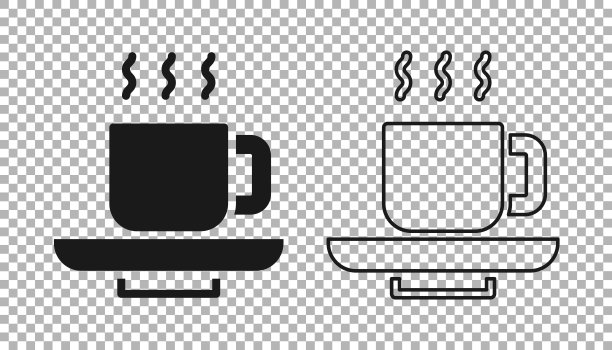 黑咖啡杯图标孤立在透明的背景。茶杯。热喝咖啡。向量图片下载