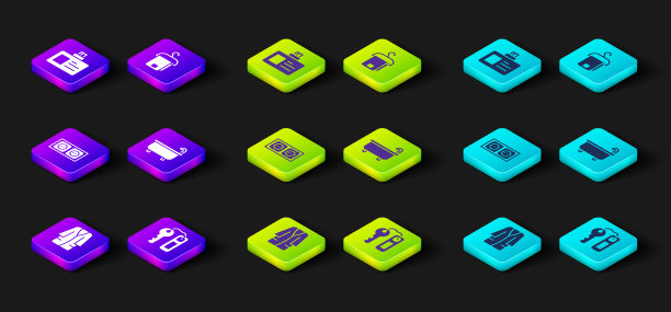 设置浴衣，酒店门锁钥匙，插座，浴缸，毛巾衣架和标识牌图标。向量图片下载