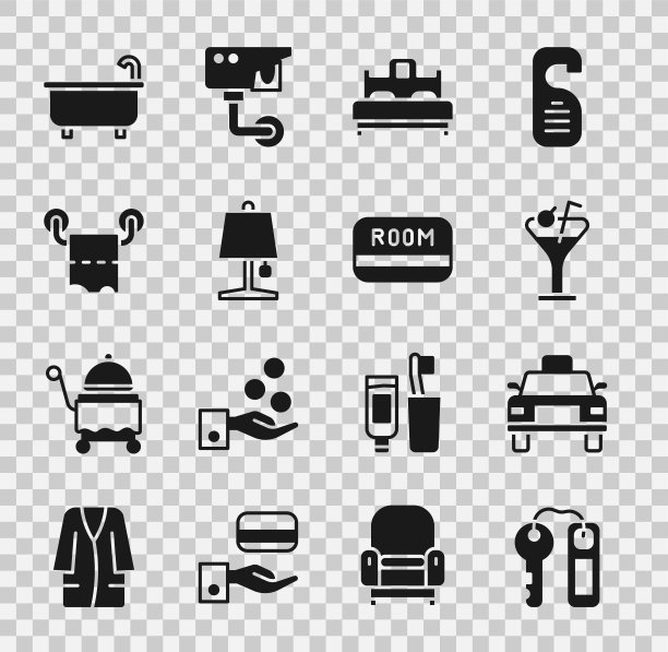 酒店门锁钥匙，出租车，马提尼玻璃，卧室，台灯，卫生纸卷，浴缸和卡片图标。向量图片下载