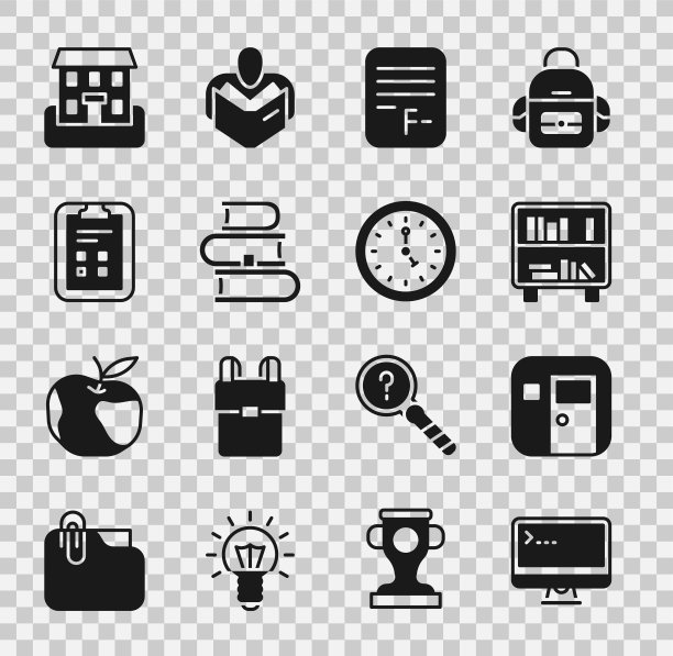 设置电脑监视器，学校教室，书架上的书，试卷错误的答案，书，纸检查标记，建筑物和时钟图标。向量图片下载