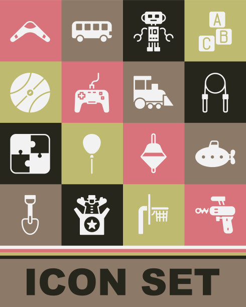 集射线枪，潜艇玩具，跳绳，机器人，手柄，篮球，回旋镖和玩具火车图标。向量图片下载