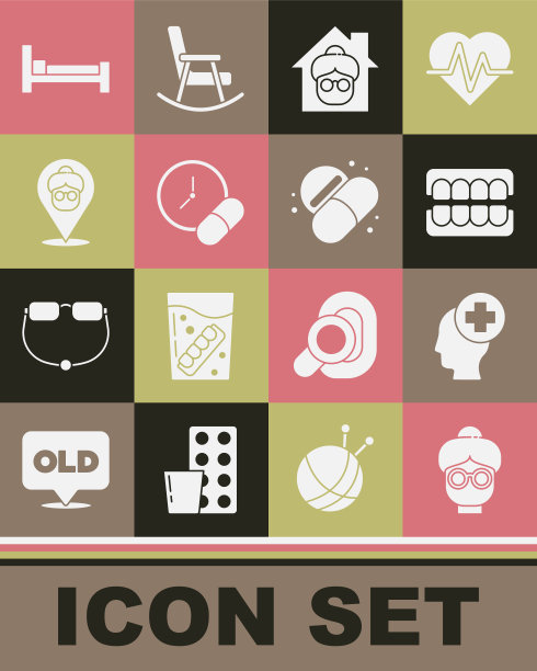 集奶奶，男头与医院，假颌，疗养院，药片或片剂，床和图标。向量图片下载