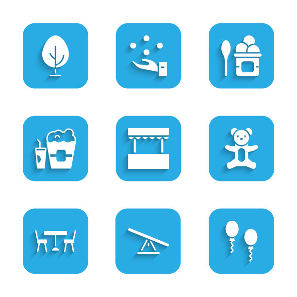 集门票售票处，跷跷板，气球，泰迪熊毛绒玩具，带椅子的野餐桌，爆米花和玻璃，冰淇淋碗和树图标。向量图片下载