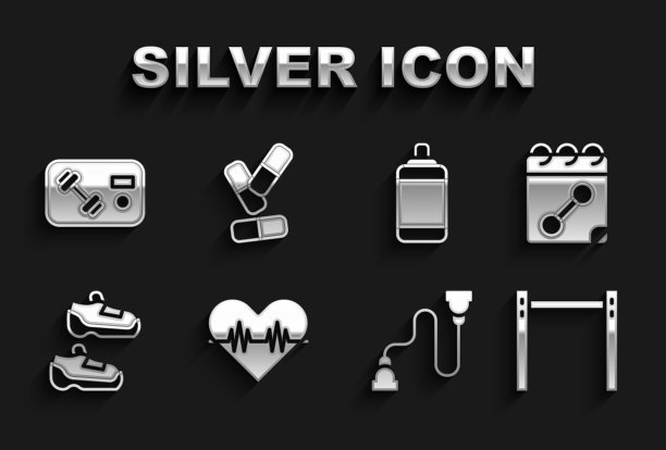 设定心率，日历健身，单杠，扩胸器，运动运动鞋，沙袋，健身俱乐部，健身卡和维生素药丸图标。向量图片下载