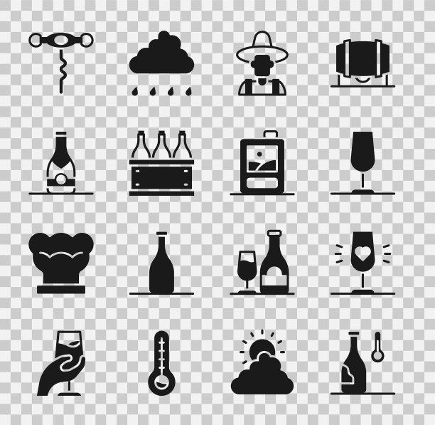 设置葡萄酒温度，玻璃杯，农夫帽子，酒瓶，香槟瓶，开瓶器和纸板图标。向量图片下载