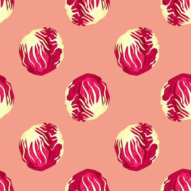 无缝模式菊苣沙拉柔和的粉红色背景。现代装饰与生菜。图片下载