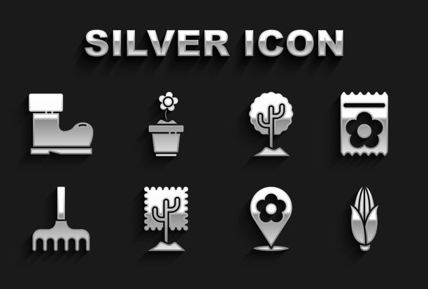 设置树，包满植物种子，玉米，位置与花，花园耙子，防水橡胶靴和花在花盆图标。向量图片下载