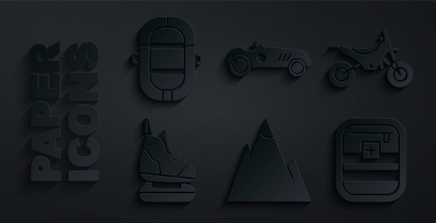 设置山脉，自行车，溜冰鞋，急救箱，复古运动赛车和漂流船图标。向量图片下载