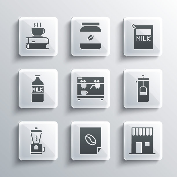 集咖啡海报，商店，法压机，机器，电动咖啡研磨机，牛奶瓶，杯子和书和纸包装的图标。向量图片下载