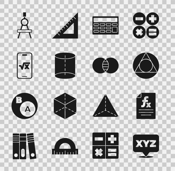 设置XYZ坐标系统，函数数学符号，三角形，计算器，几何图形，x符号的平方根，绘制圆规和数学集A和B图标。向量图片下载