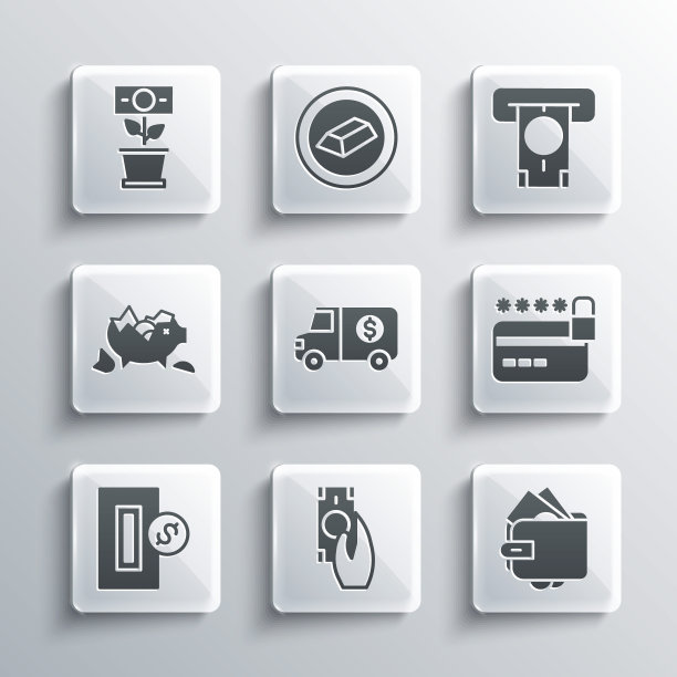 设置快速支付，钱包与钱，信用卡锁，装甲卡车，插入硬币，破碎的小猪储蓄罐，钱植物壶和ATM和图标。向量图片下载