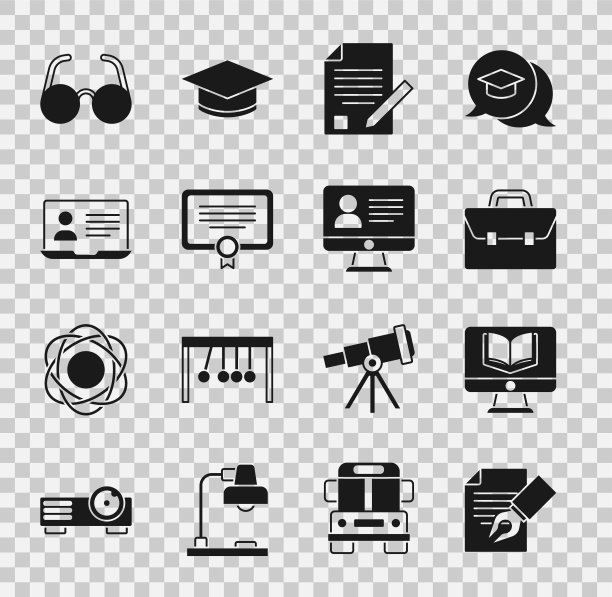 设置试卷和铅笔，在线课程，公文包，证书模板，眼镜和图标。向量图片下载
