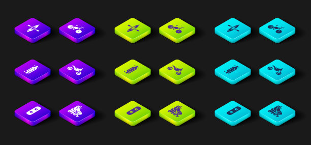 设置滑雪板，旱冰，长板或滑板，山地自行车，自行车和皮划艇图标。向量图片下载