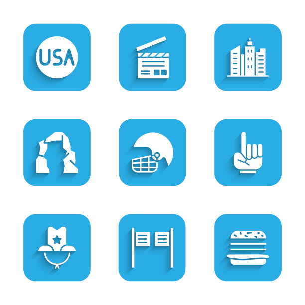 集美式足球头盔，沙龙门，汉堡，1号球迷手套，西部牛仔帽，大峡谷，城市景观和美国标签图标。向量图片下载