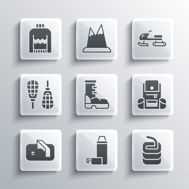 设置热水瓶容器，石头的冰壶，徒步旅行背包，防水橡胶靴，冰球目标，雪鞋，圣诞毛衣和雪地摩托图标。向量图片下载