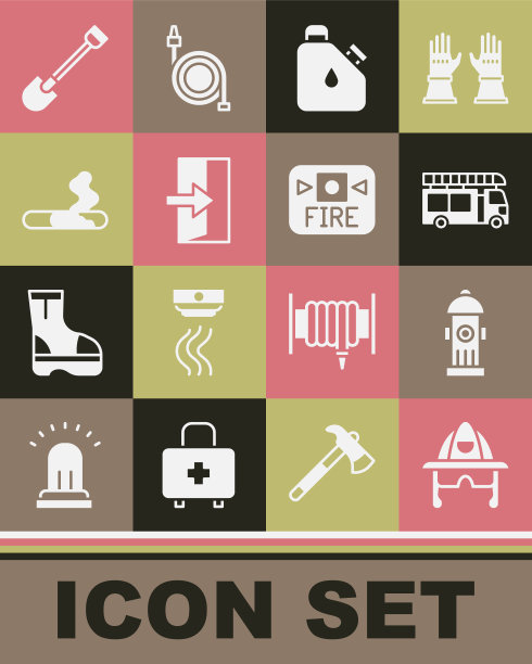设置消防头盔，消防栓，卡车，燃料罐，出口，香烟，铲子和报警系统图标。向量图片下载